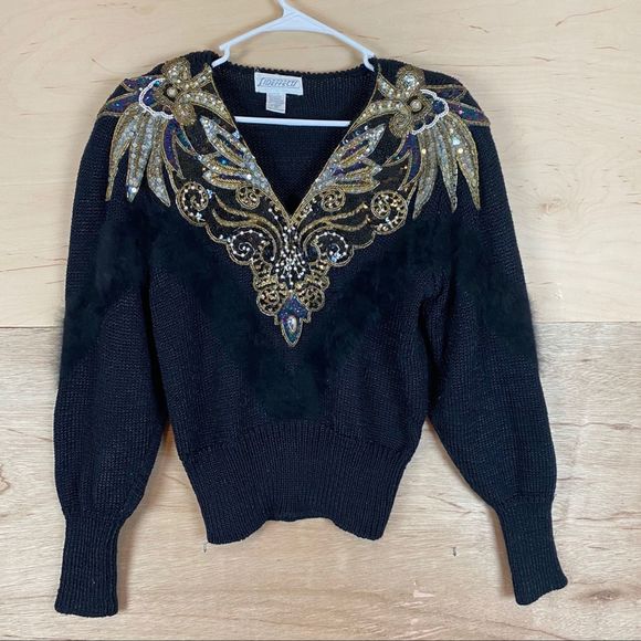 Vintage Sweaters - Vintage Sideffects Sequined Beaded Fur Sweater